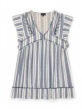 Artesia Blue White Stripe Ruffle Sleeve Embroidered Dress Women’s Size XL